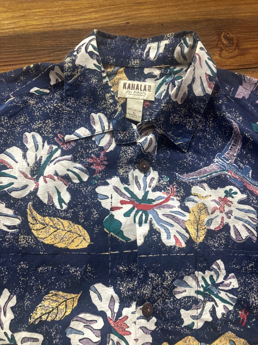Kahala Hawaiian Shirt Mens Large Pullover 100% Cotton Hibiscus Swordfish on Blue